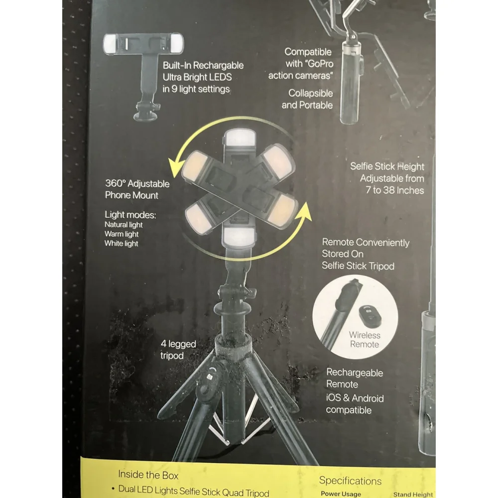 Vivitar Creator Series Wireless Dual LED Light Selfie Stick w/Quad Tripod